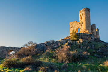 Ruins of the historical Castle of Pelegrina, early on a winter morning. Guadalajara. Spain. Europe.