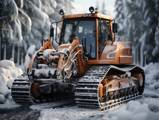 Heavy equipment in winter service with snowcats and trucks on the roads in winter, Ai generated