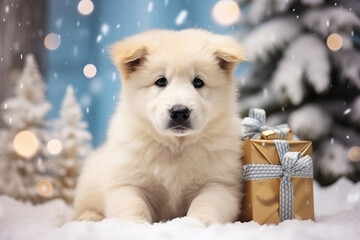 Slovak cuvac puppy lies on the snow next to a golden Christmas present, coniferous trees in the background