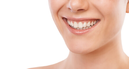 Happy woman, teeth and smile for dentist, mouth hygiene or dermatology against a white studio...