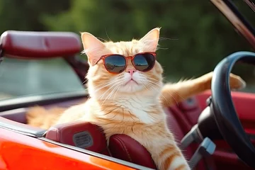  Funny cat drives a toy car in the city.by Generative AI © chartchai