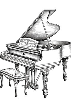 Vector Black And White Illustration Of A Grand Piano In Engraving Style