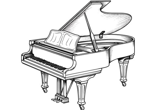 Vector black and white illustration of a grand piano in engraving style