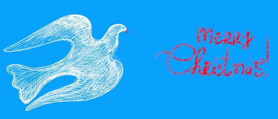 Banner lungo azzurro con colomba bianca pasquale con scritta disegnata a mano Felice Natale! - 693445733
