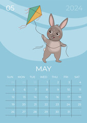 Vertical children calendar 2024. Month of May. Hare flies a kite. A5 format. Vector graphic.