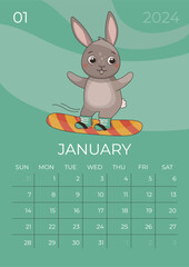 Vertical children calendar 2024. January month. Hare rides a snowboard. A5 format. Vector graphic.