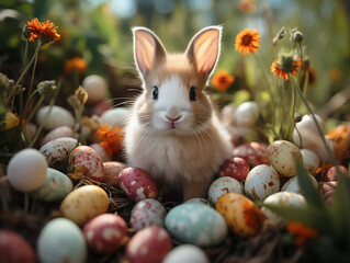 Fototapeta na wymiar Different colored Easter eggs along with an Easter bunny, AI generated