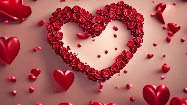 Red hearts on a red background. Valentine rose flower heart shape buffy and heart balloons