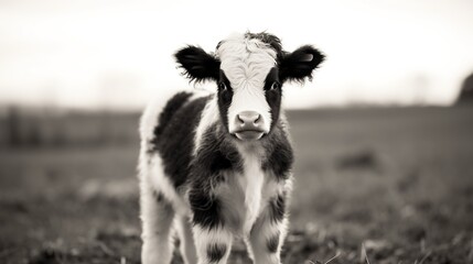 a black and white baby cow in a farm