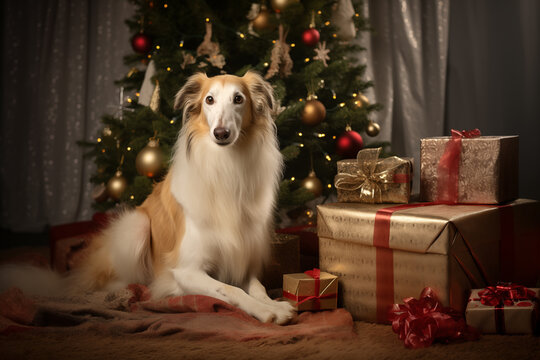 Afghan Hound puppy sitting on a blanket next to golden Christmas presents, decorated tree in the background