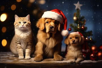 Fototapeta na wymiar Christmas cats and dogs in sweaters and hats under the snow. Lights and Christmas atmosphere. Generative AI.
