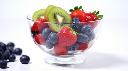 Fresh strawberries, kiwi, blueberries and black grapes in a glass bowl on a white background. Closeup