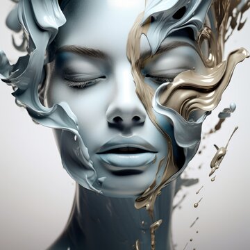 Abstract portrait of a female with silver and gold liquid textures swirling around her features, on light background 