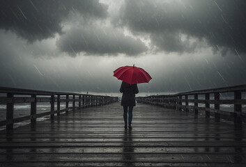 A woman holds a red umbrella on a fishing pier during a storm