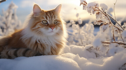 Naklejka na ściany i meble Adorable ginger fluffy cat, sitting on snow, in winter landscape