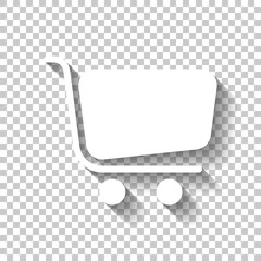 Shopping cart, online store, business icon. White icon with shadow on transparent background