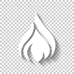 Simple icon of fire, flame logo. White icon with shadow on transparent background