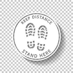 Footprint floor sticker, social distance during covid. White icon with shadow on transparent background