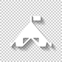 Camping tent, simple icon of tourism. White icon with shadow on transparent background