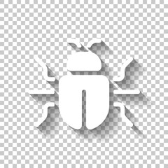 Simple bug icon, computer virus or malware. White icon with shadow on transparent background