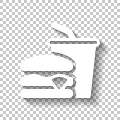 Fast food, hamburger menu with drink, simple icon. White icon with shadow on transparent background