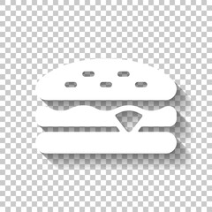 Sandwich or hamburger, fast food, simple icon. White icon with shadow on transparent background