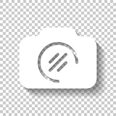 Photo camera, simple digital icon. White icon with shadow on transparent background