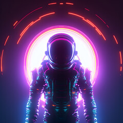 Naklejka premium Portrait of futuristic astronaut or spaceman with neon light.