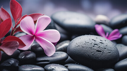 Fototapeta na wymiar Spa - Natural Alternative Therapy With Massage Stones And Waterlily In Water