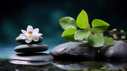Fototapeta na wymiar Spa - Natural Alternative Therapy With Massage Stones And Waterlily In Water.