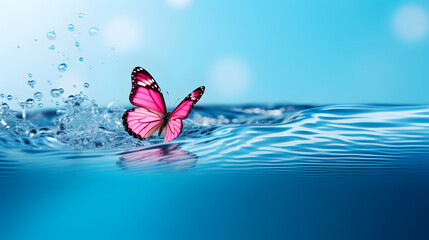 Pink butterfly on surface of water with splashes. Concept of butterfly effect.