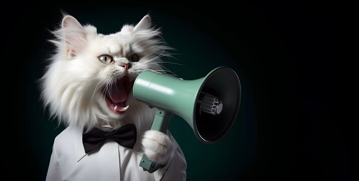 Cat announcing using hand speaker. Notifying, warning, announcement.