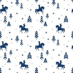 Christmas and New Year theme. Vector seamless pattern. Horseback riding in the winter forest