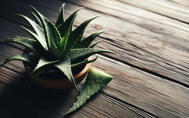 Aloe vera in a wooden pot Placed on an old wooden floor The concept of herbs and medicine