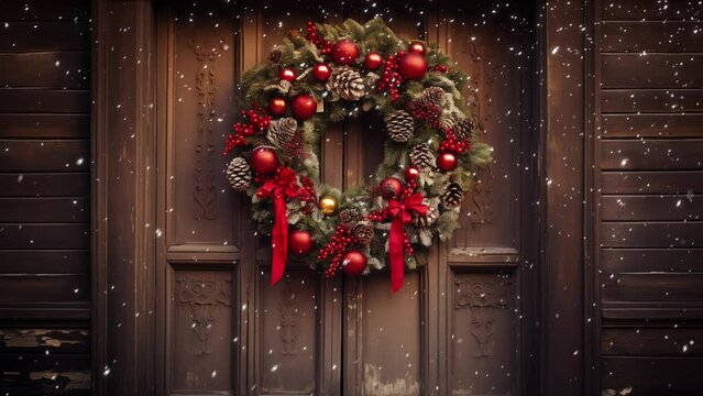 Festive Entryway: Cozy Christmas Scene with Snowflakes and Wreath on Wooden Door - Looping Video