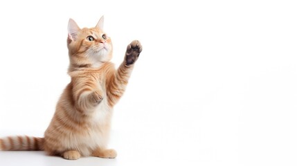 A cat raising its paw to give a high-five, isolated on a white background.
