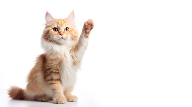 A cat extending its paw for a high-five gesture, isolated against a white background.