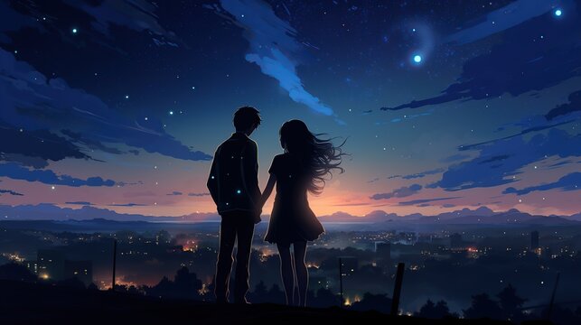 A couple enjoys the atmosphere of New Year's Eve from the top of the hill with a beautiful view, until the sun rises. This picture is an illustration