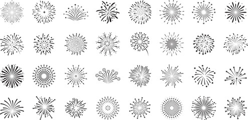 Set of firework icons. Fireworks with stars and sparks vector silhouettes isolated on white background.