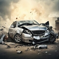 Front of black car get damaged by accident on the road - obrazy, fototapety, plakaty