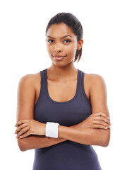 Portrait, fitness and a sports woman arms crossed in studio on a white background for health or wellness. Exercise, training or workout with a confident young athlete at the gym for improvement