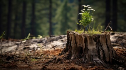 Obraz premium Young trees emerge from old tree stumps, copy space background
