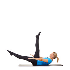 Woman, pilates and mat in studio for stretching legs, fitness or workout for healthy body, wellness or core muscle. Person, exercise or yoga on floor for abdomen on mockup space or white background