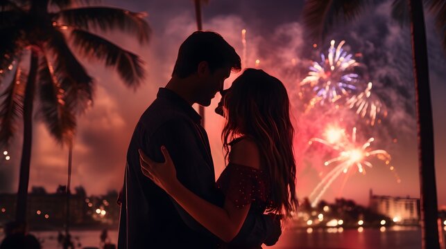 Miami New Year's Eve Fireworks Celebrating with Romantic Couple