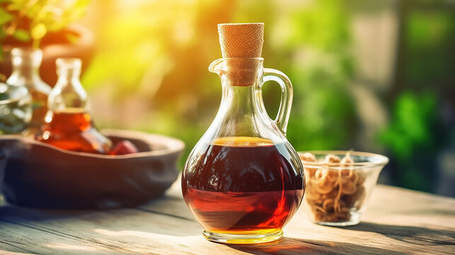 Bottle of wine vinegar against a blurry background 