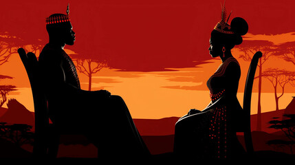 The Silhouette of an African King and Queen Seated Across From Each Other - obrazy, fototapety, plakaty