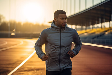 Athletic sporty man in gray training hoodie running outside training cardio at a sports stadium.