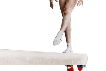 legs female gymnast step on balance beam in artistic gymnastics isolated on transparent background,...