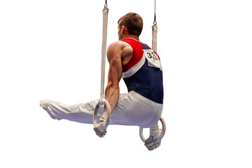 male gymnast exercise l-sit position on ring frame in artistic gymnastics isolated on transparent background, summer sports games - obrazy, fototapety, plakaty