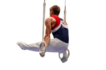 Poster male gymnast exercise l-sit position on ring frame in artistic gymnastics isolated on transparent background, summer sports games © sports photos